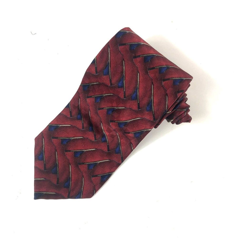 J.Z. Richards Parisian Silk Tie Geometric Foulard Hand Made USA Burgundy